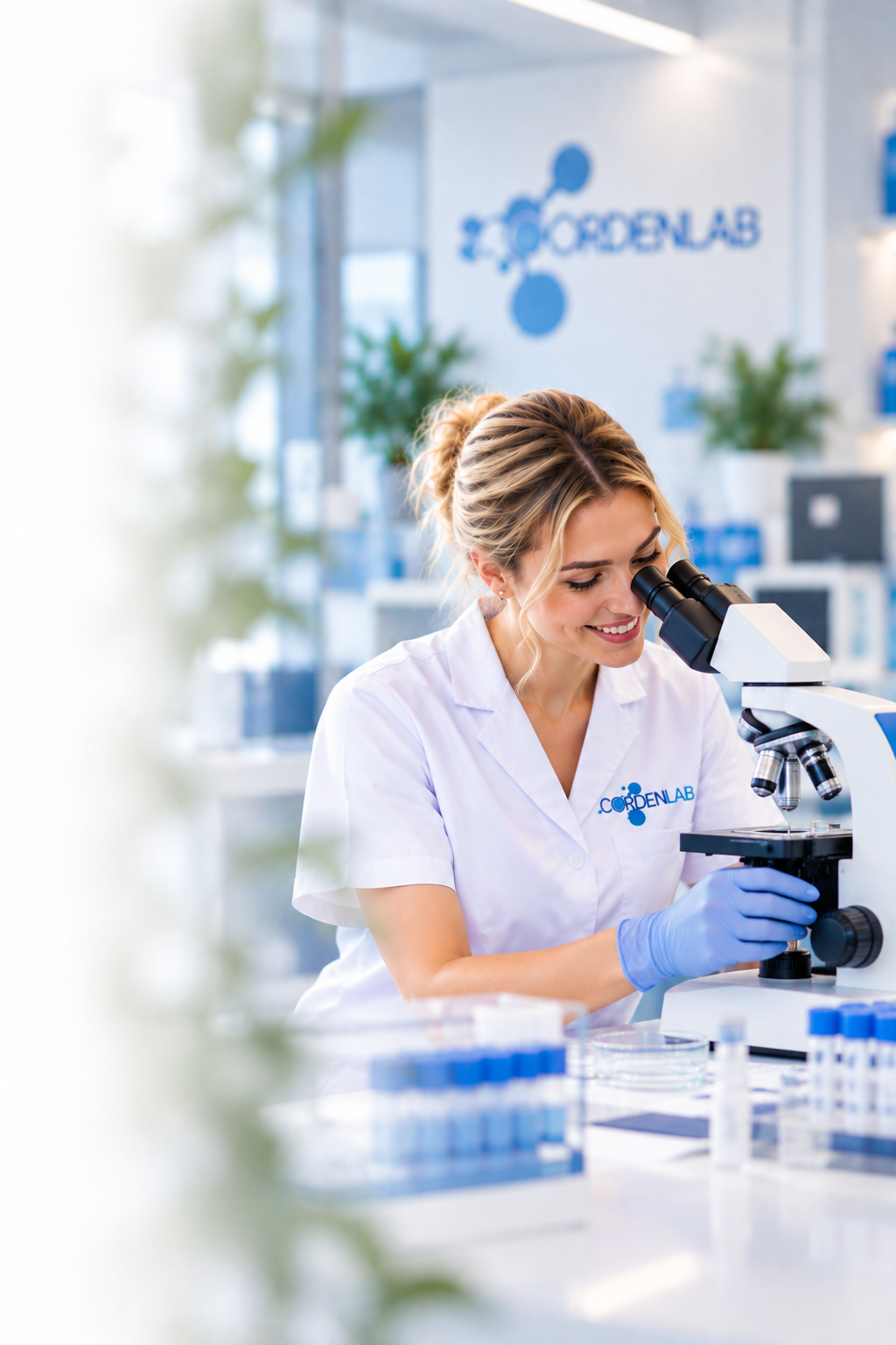 Mosolygó laboratóriumi technikus mikroszkóppal